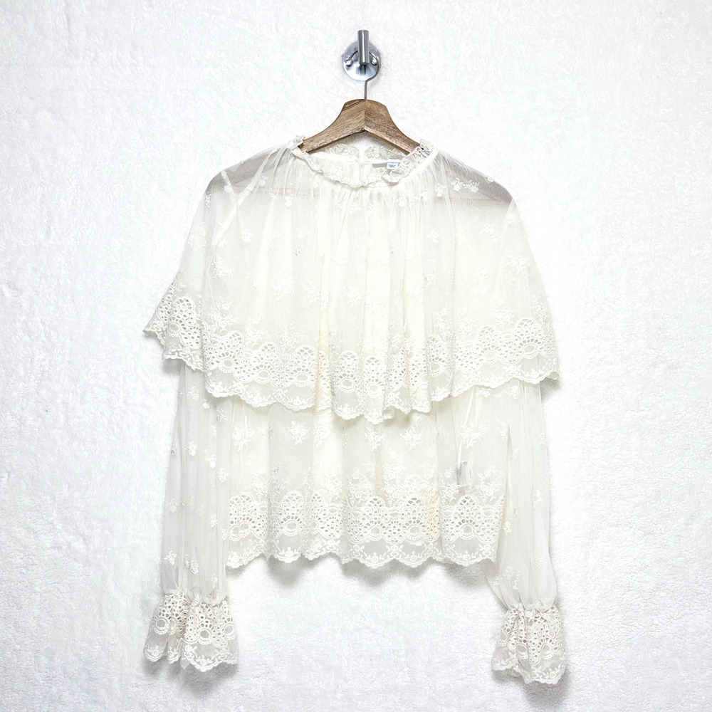 Coquette Sheer Lace Cape Blouse Off White Tiered Ruffle Mock Neck Top L